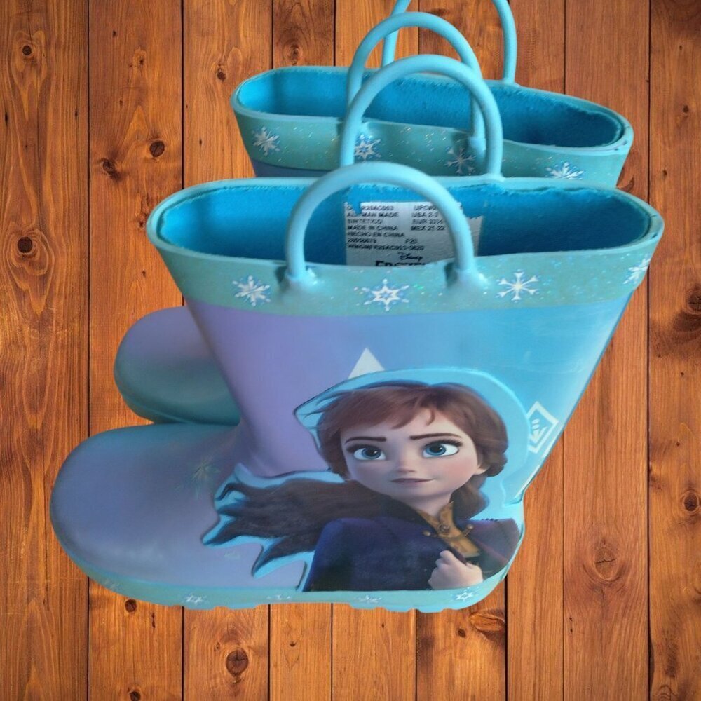 DISNEY Frozen II Anna & Elsa Blue Pull-on Rain Boots Girl's Youth Size 2-3 - Picture 2 of 8